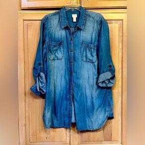 CHICOS  DENIM BUTTON DOWN TUNIC TOP SIZE 3PETITE